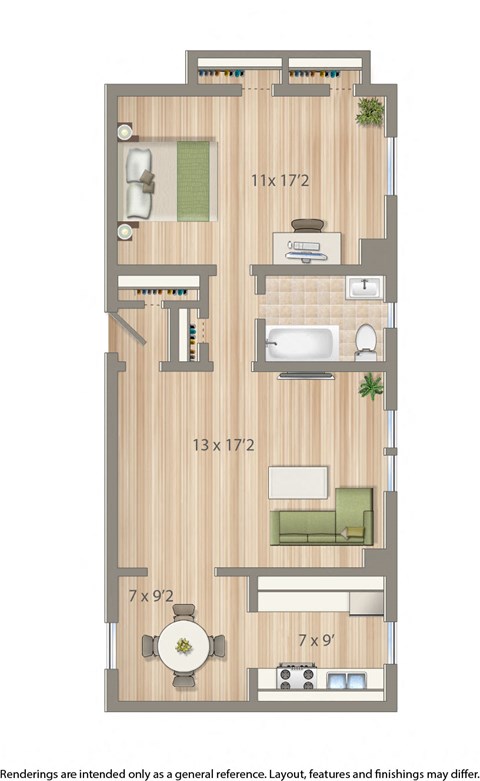 2800 woodley apartment one bedroom floor plan rendering